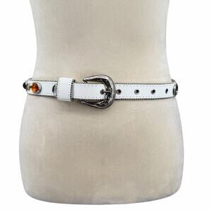 Vintage Sz XS White Silver Tone Colorful Genuine Leather Jeweled Cabochons Belt